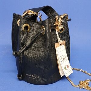 Anna Paola Black Leather Bucket Bag Made in Italy Measuring 8" High
